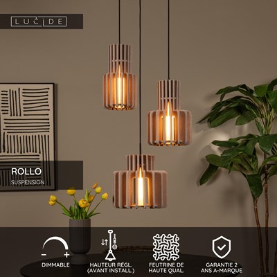 Lucide ROLLO - Suspension - 3xE27 - Taupe